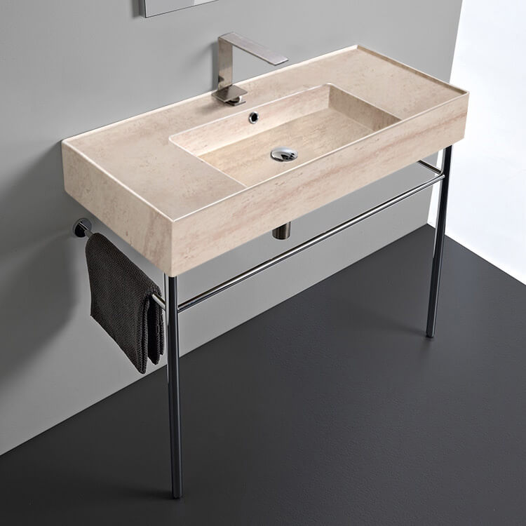 Scarabeo 5124-E-CON-One Hole Beige Travertine Design Ceramic Console Sink and Polished Chrome Stand